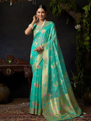 Rajwada Turquoise Silk Blend Woven Saree For Women
