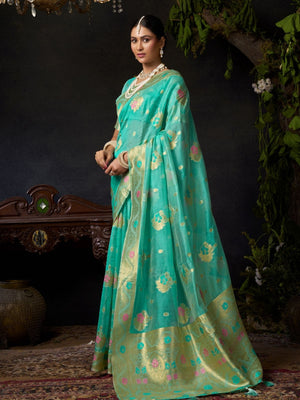 Rajwada Turquoise Silk Blend Woven Saree For Women