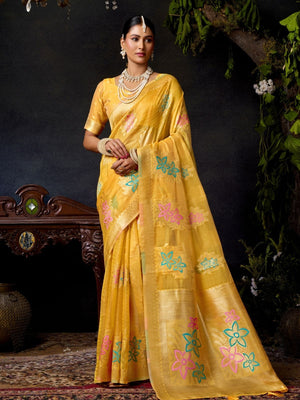 Rajwada Yellow Cotton Blend Woven Saree For Women