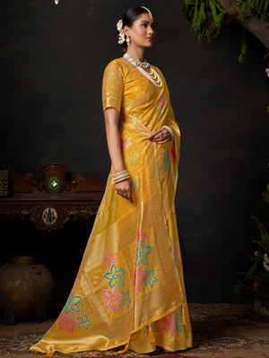Rajwada Yellow Cotton Blend Woven Saree For Women