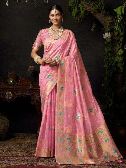 Rajwada Light Pink Cotton Blend Woven Saree For Women