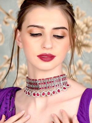 Rajwada Women Red And White Choker Necklace Set