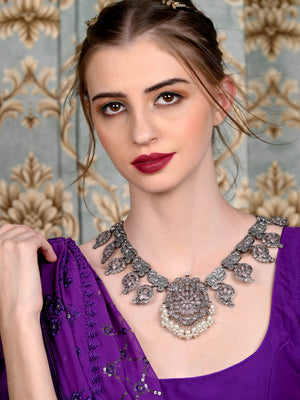 Rajwada Women Oxidised Silver Stone Studded Long Necklace Set