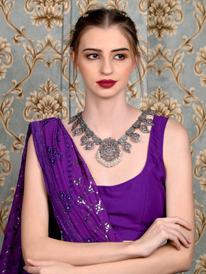 Rajwada Women Oxidised Silver Stone Studded Long Necklace Set