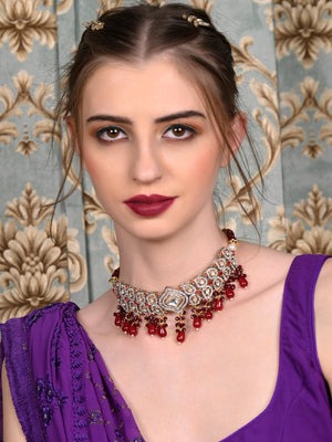Rajwada Women Faux Maroon And White Stones Studded Choker Necklace Set