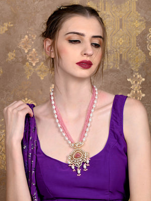 Rajwada Women Pink And Gold Long Necklace Set