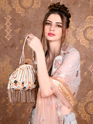 Rajwada Women Apricot Pearl Studded Clutch Bag