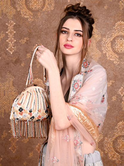 Rajwada Women Apricot Pearl Studded Clutch Bag