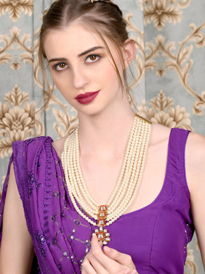 Rajwada White Multiple Layered Pearls Long Necklace Set For Women