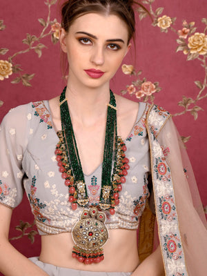 Rajwada Women Antique Style Bridal Green Long Necklace Set