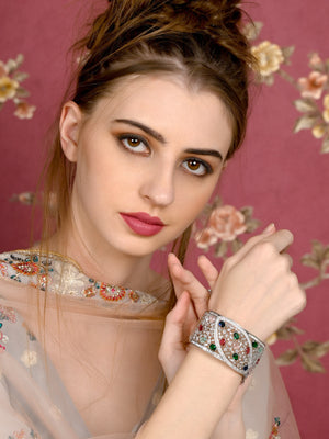 Rajwada Women Silver And Multicolored Imitation Cuff Bracelet
