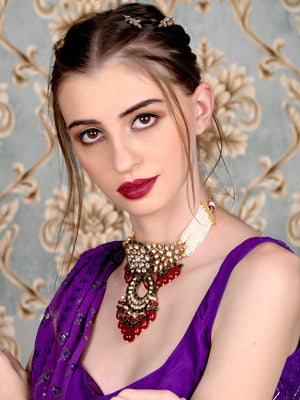 Rajwada Women Green And Red Choker Necklace Set
