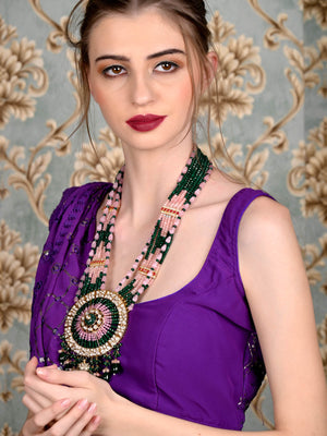 Rajwada Women Pink And Green Long Necklace Set
