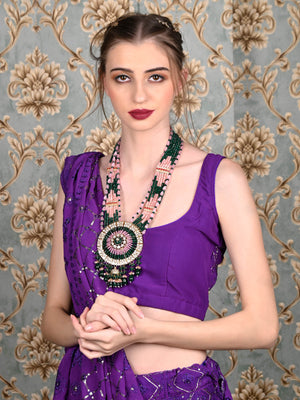 Rajwada Women Pink And Green Long Necklace Set