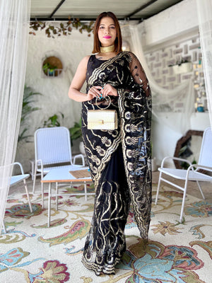 Rajwada - Black Net Sequins Saree with Stitched Blouse