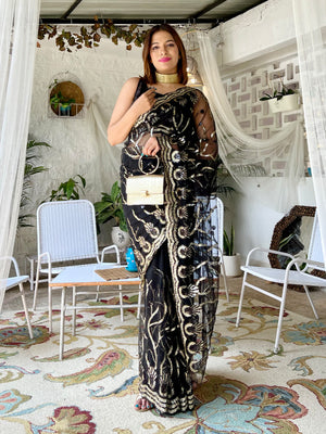 Rajwada - Black Net Sequins Saree with Stitched Blouse