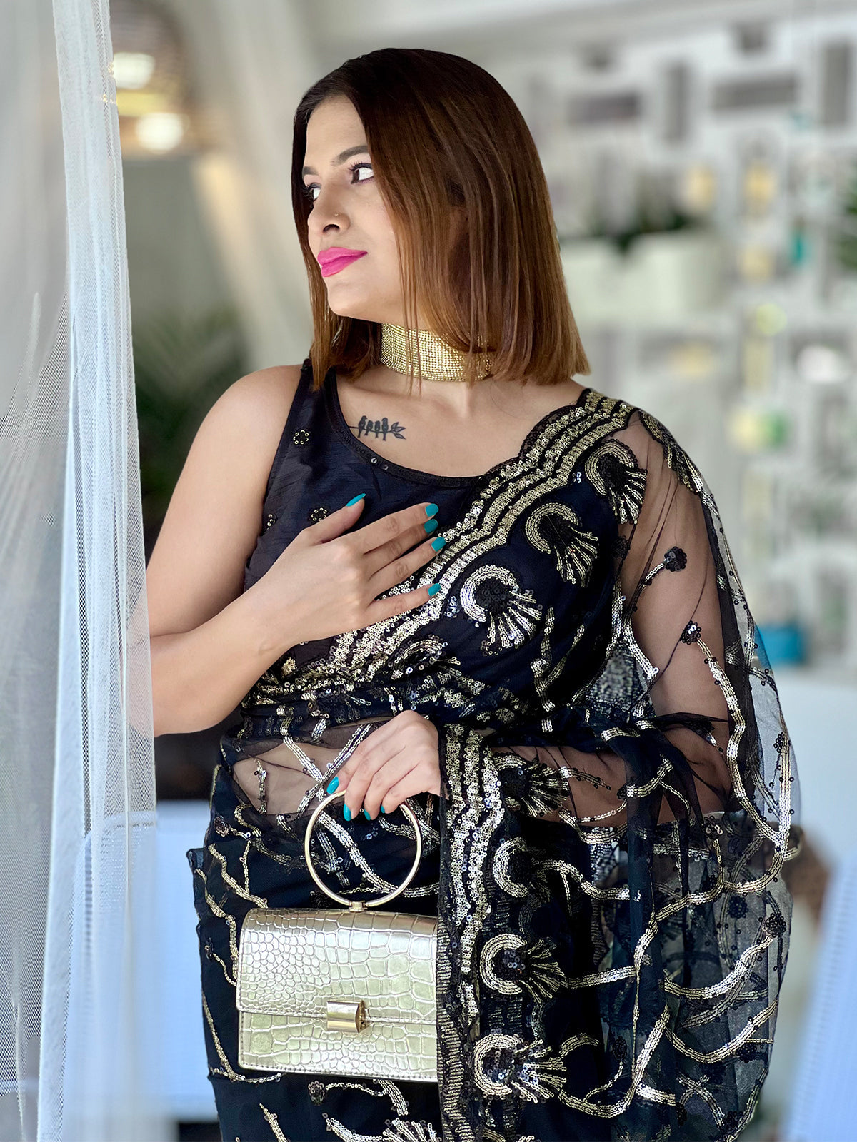 Rajwada - Black Net Sequins Saree with Stitched Blouse