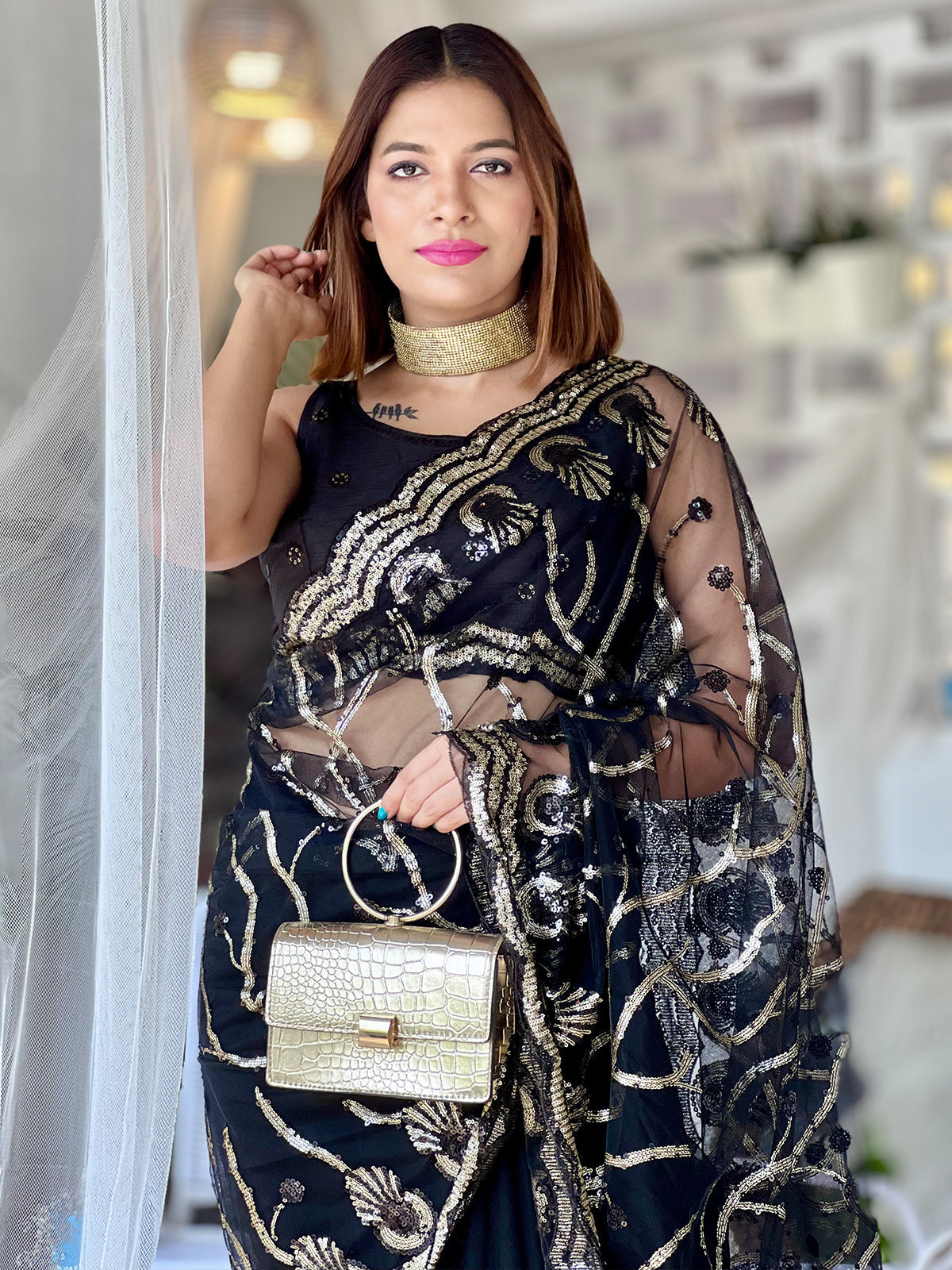 Rajwada - Black Net Sequins Saree with Stitched Blouse