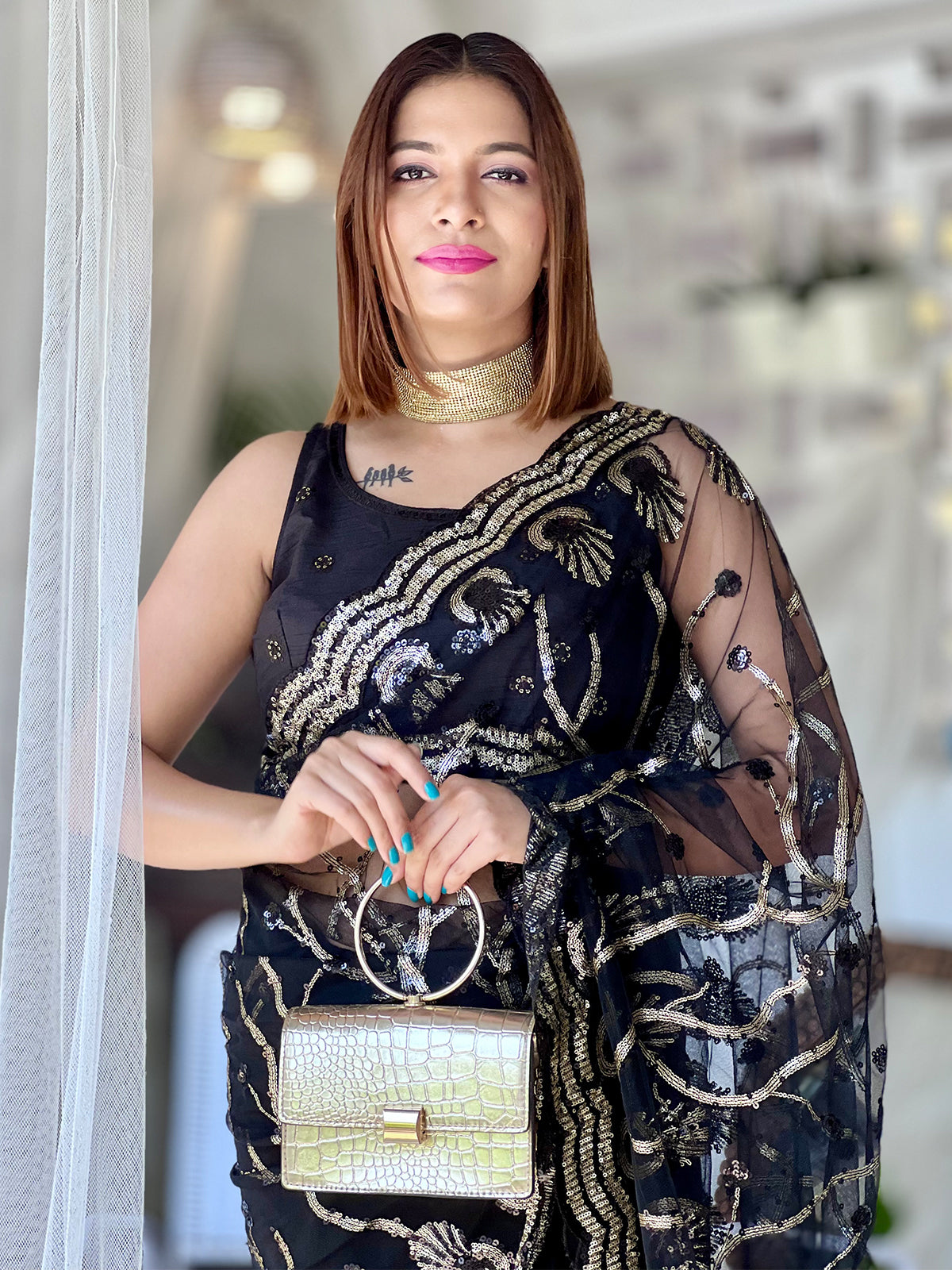 Rajwada - Black Net Sequins Saree with Stitched Blouse