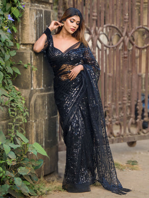 Rajwada Women Designer Black Sequins Saree With Unstitched Blouse