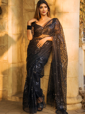 Rajwada Women Designer Black Sequins Saree With Unstitched Blouse
