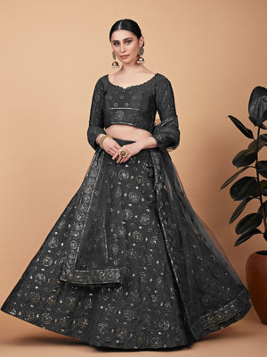Rajwada Women Designer Grey Embroidered Semi Stitched Lehenga With Unstitched Blouse