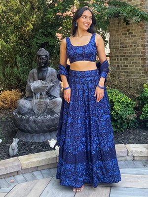 Rajwada Women Blue Designer Embroidered Semi Stitched Lehenga With Unstitched Blouse
