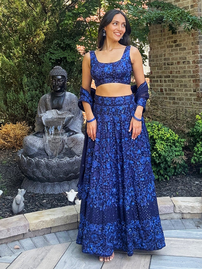 Rajwada Women Blue Designer Embroidered Semi Stitched Lehenga With Unstitched Blouse