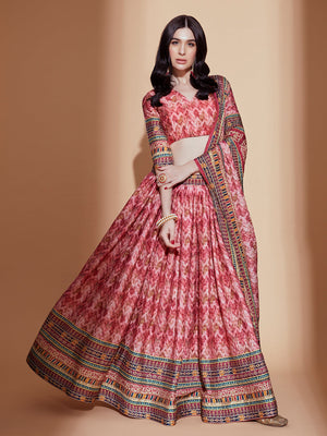 Rajwada Red Printed Embroidered Chinon Semi Stitched Lehenga With Unstitched Blouse For Women