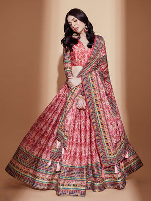 Rajwada Red Printed Embroidered Chinon Semi Stitched Lehenga With Unstitched Blouse For Women