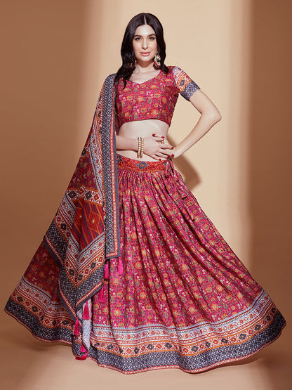 Rajwada Magenta Printed Chinnon Semi Stitched Lehenga With Unstitched Blouse  For Women
