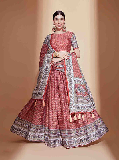 Rajwada Women Peach Chinon Semi Stitched Lehenga With Unstitched Blouse