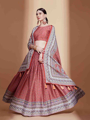 Rajwada Women Peach Chinon Semi Stitched Lehenga With Unstitched Blouse