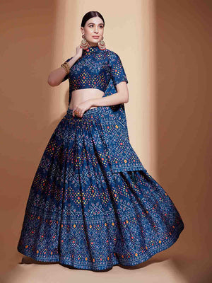Rajwada Women Blue Chinon Semi Stitched Lehenga With Unstitched Blouse