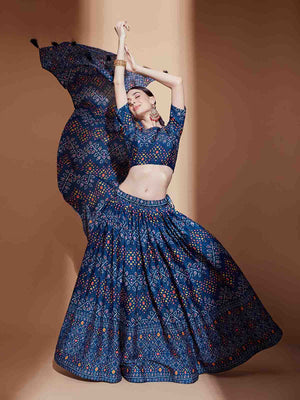 Rajwada Women Blue Chinon Semi Stitched Lehenga With Unstitched Blouse