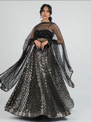 Rajwada Women Black Designer Sequence Semi Stitched Lehenga With Unstitched Blouse