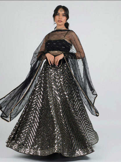 Rajwada Women Black Designer Sequence Semi Stitched Lehenga With Unstitched Blouse