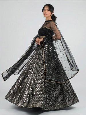 Rajwada Women Black Designer Sequence Semi Stitched Lehenga With Unstitched Blouse