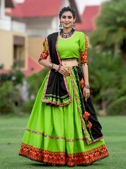 Rajwada Green Embroidered Cotton Semi Stitched Lehenga With Unstitched Blouse For Women