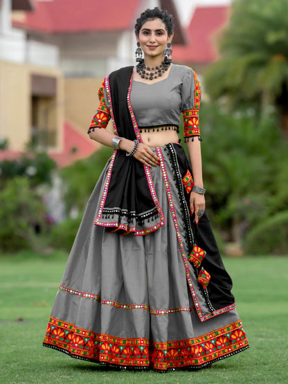 Rajwada Grey Embroidered Cotton Semi Stitched Lehenga With Unstitched Blouse For Women