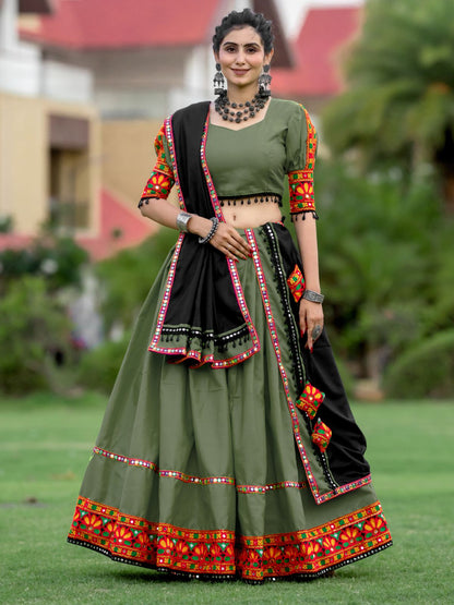 Rajwada Olive Embroidered Cotton Semi Stitched Lehenga With Unstitched Blouse For Women
