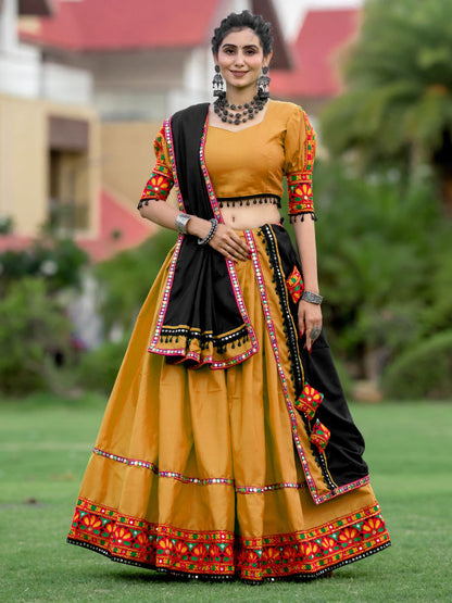 Rajwada Mustard Embroidered Cotton Semi Stitched Lehenga With Unstitched Blouse For Women