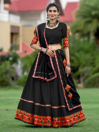 Rajwada Black Embroidered Cotton Semi Stitched Lehenga With Unstitched Blouse For Women
