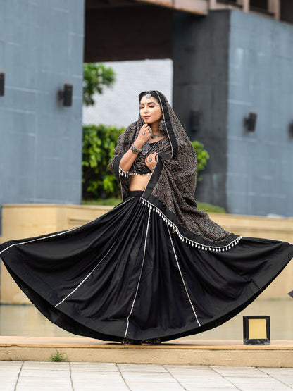 Rajwada Black Printed Cotton Stitched Lehenga With Stitched Blouse For Women