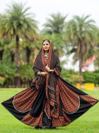 Rajwada Black And Maroon Printed Cotton Stitched Lehenga With Blouse For Women