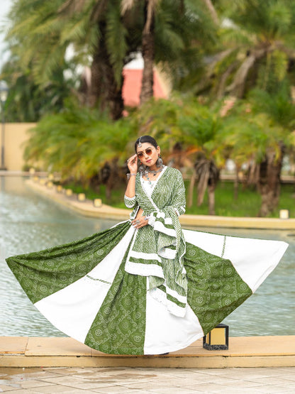 Rajwada Green And White Printed Cotton Stitched Lehenga With Blouse For Women