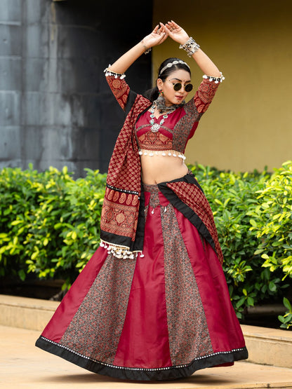 Rajwada Magenta And Maroon Printed Cotton Stitched Lehenga With Blouse For Women