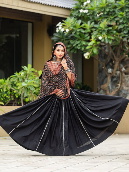 Rajwada Black Printed Cotton Stitched Lehenga With Blouse For Women