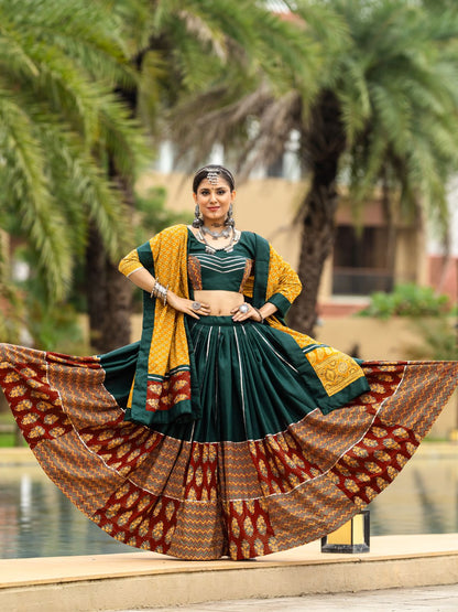 Rajwada Green And Maroon Printed Cotton Stitched Lehenga With Stitched Blouse And Dupatta For Women