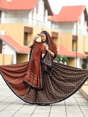 Rajwada Black And Maroon Printed Cotton Stitched Lehenga With Stitched Blouse And Dupatta For Women